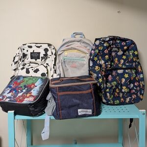 Assorted Kids Backpacks & Bags Bundle- Cow Print Bag, Mario, Avengers, Adidas +